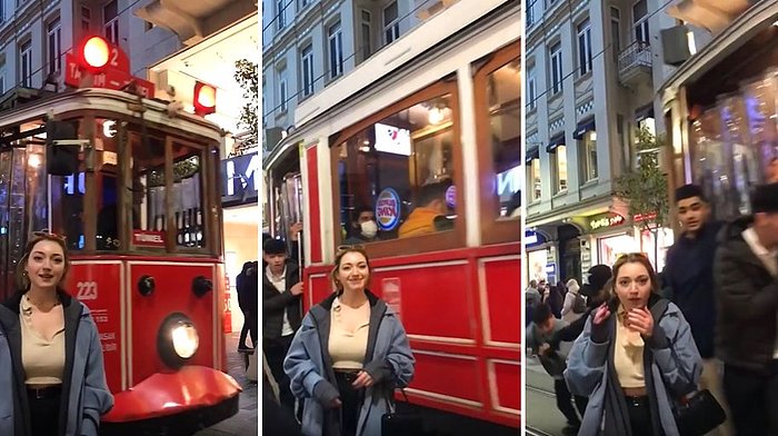 Taksim'de Tramvayın Geçişi Sırasında Fotoğraf Çektirmek İsteyen Kadını Korkutarak Allah'ına Kavuşturan Çocuk