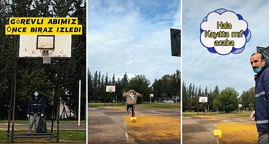 Sahada Oynayan Genci Fark Edip Kendisi de Kürekle Basket Atmaya Çalışan Temizlik Görevlisinin Müthiş Anları