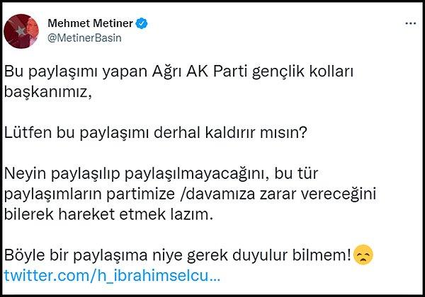 Ancak Mehmet Metiner gibi AKP'li isimlerin tepki göstermesinin ardından Selçuk, paylaşımını Twitter'dan kaldırdı. 👇