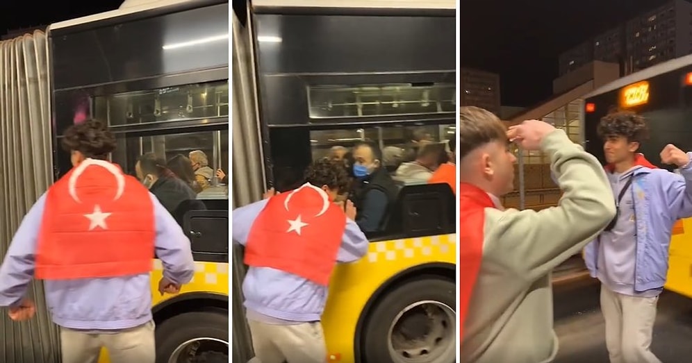 Türk Bayrağı'nı Süpermen Pelerini Gibi Takıp Metrobüs İten Gençler
