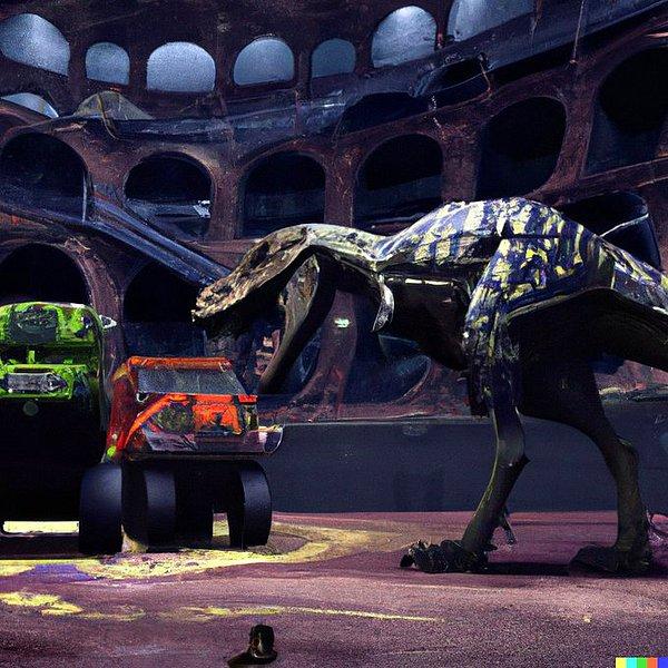 6. "Kolezyum'un içinde savaşan robot dinozor ve devasa kamyonlar"