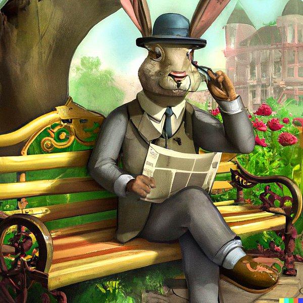 9. "Viktoryan tarzı bir mekanda parktaki banklarda oturup gazete okuyan detektif tavşan"