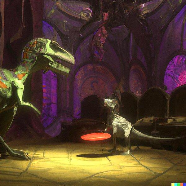 12. "Kraliyet odasında frizbi oynayan dinozorlar"