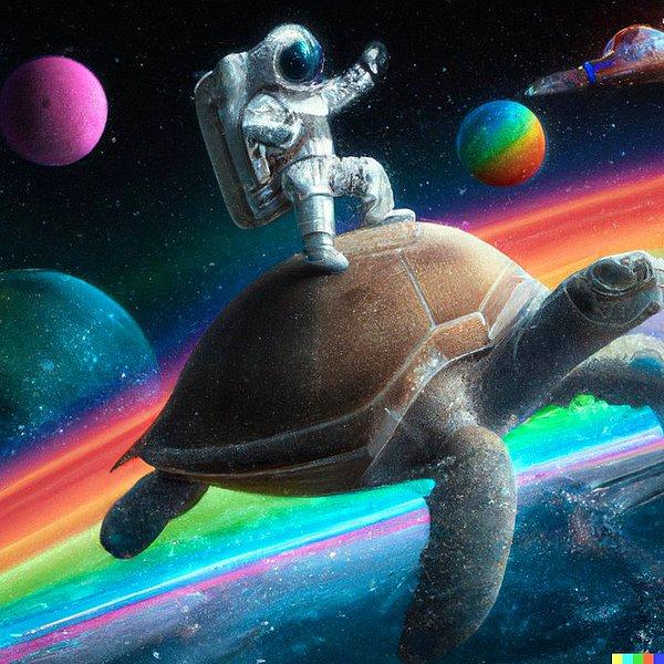 26. "Deniz kaplumbağasının üzerinde oturmuş, uzayda sörf yapan bir astronot"