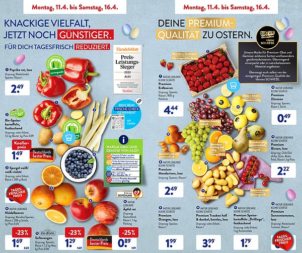 ALDI marketinin 11-16 Nisan 2022 broşüründe yer alan indirimli ve indirimsiz meyve- sebze fiyatları: