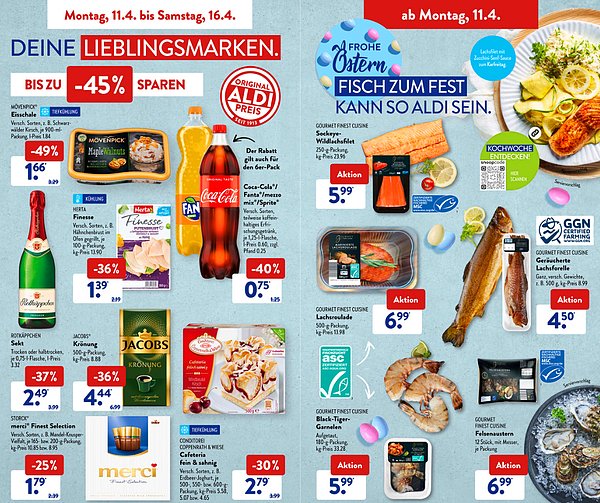 ALDI marketinin 11-16 Nisan 2022 broşüründe yer alan indirimli ve indirimsiz çeşitli gıda ürünlerinin fiyatları: