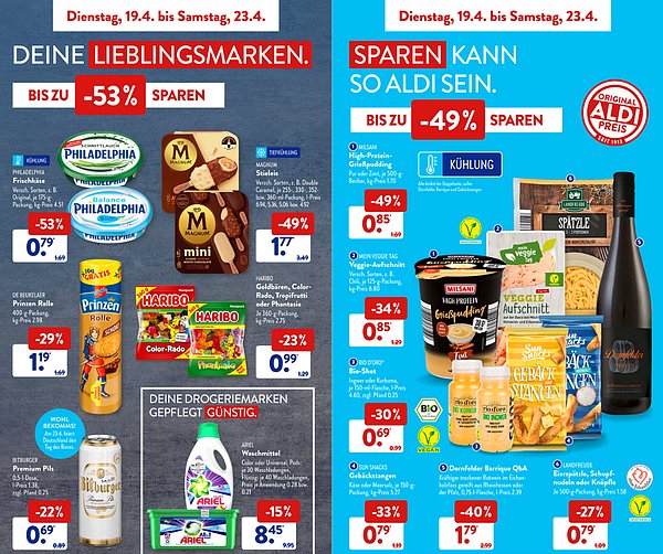 ALDI marketinin 19-23 Nisan 2022 broşüründe yer alan indirimli ve indirimsiz çeşitli gıda ürünlerinin fiyatları: