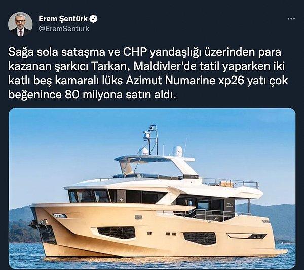 Daha sonra yandan gazeteci Erem Şentürk, Tarkan'ın tekne aldığını ve hazmetmekte zorlandığı bazı konularla ilgili iddialarda bulundu.