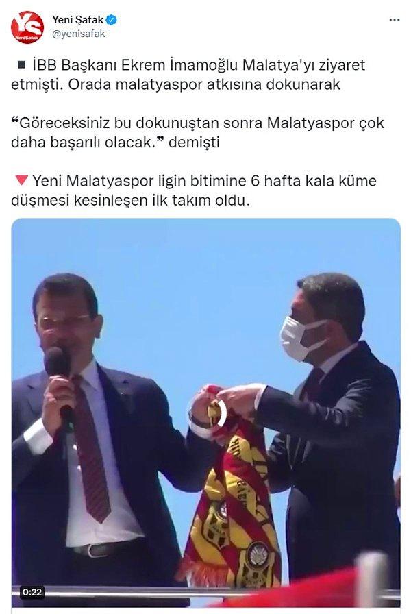 Yeni Şafak'ın söz konusu haberinde ise Yeni Malatyaspor'un küme düşüşü İBB Başkanı İmamoğlu'nun kulübü ziyaretine bağlandı.