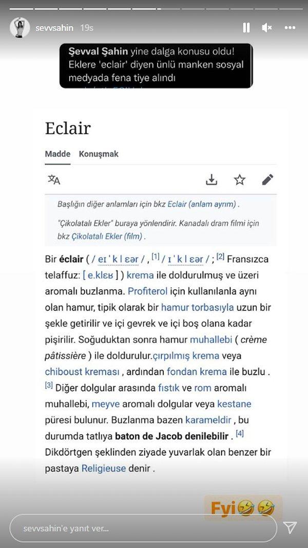 Fenomen manken açıklamasının üzerine bir de 'eclair' kelimesinin anlamının Vikipedi'den alınan bir görüntüsü ile pekiştirme ihtiyacı duydu.
