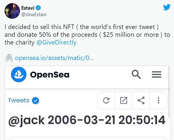 Estavi de tweeti NFT formatında Mart 2021'de satın almıştı. Uzmanlar NFT'lerle ilgili riskler konusunda sık sık uyarıda bulunuyor.