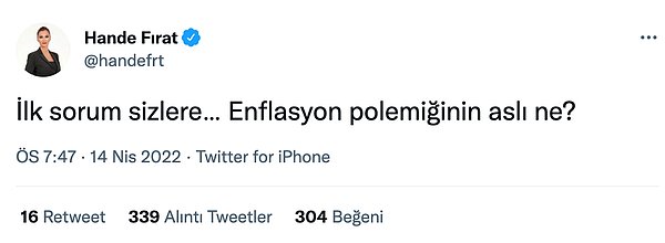 Bakan Nebati'nin bile enflasyonu inkar edemediği şu ortamda şöyle bir paylaşım geldi gazeteci Hande Fırat'tan.