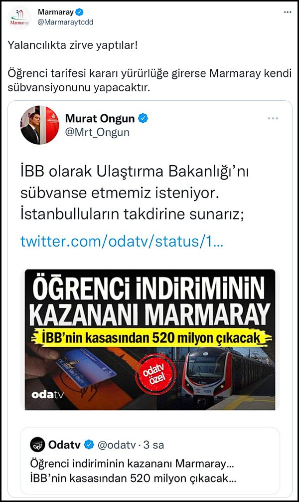 Bunun üzerine Marmaray'ın resmi hesabından “Yalancılıkta zirve yaptılar! Öğrenci tarifesi kararı yürürlüğe girerse Marmaray kendi sübvansiyonunu yapacaktır” açıklaması yapıldı. 👇