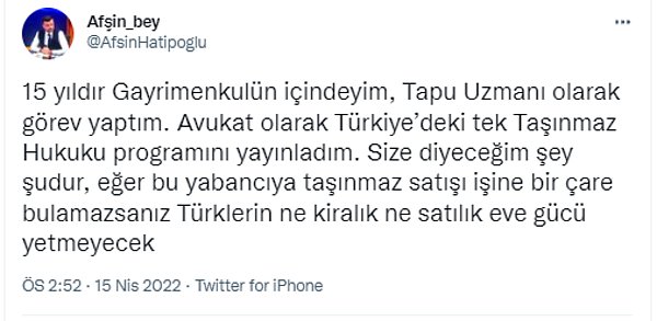 Avukat Afşin Hatipoğlu gayrimenkul konusunda da çalışmalarından bahsederek gelecek dönemde Türkiye'de vatandaşların ev alımı ötesinde kira ödemekte de sıkıntı yaşayacaklarını iddia etti