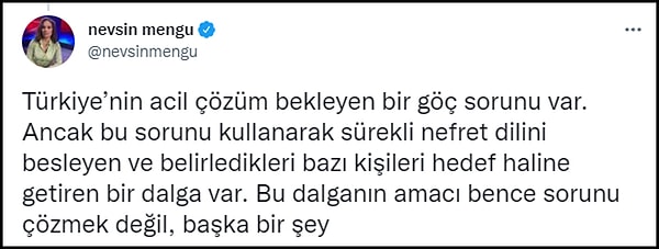 Bir kesim tarafından 'foncu' yakıştırması yapılan Gazeteci Nevşin Mengü ise nefret dilinin kasıtlı olarak beslendiğini ve amacın sorunu çözmek olmadığını söylüyor. 👇