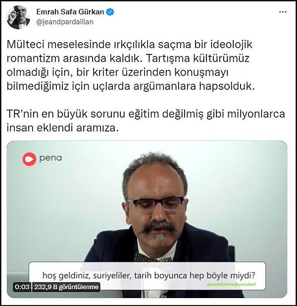 Tarihçi Emrah Safa Gürkan da "Irkçılıkla saçma bir ideolojik romantizm arasında kaldık" diyor. 👇