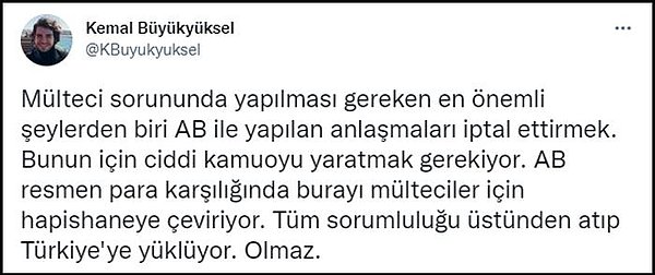 Sorunun çözümü için Avrupa Birliği ile yapılan anlaşmaların iptal edilmesini önerenler de var: "Şu anki çözümsüzlüğün kritik sebebi AB'nin rüşvet verip Erdoğan iktidarını sınır karakolu olarak kullanması"👇