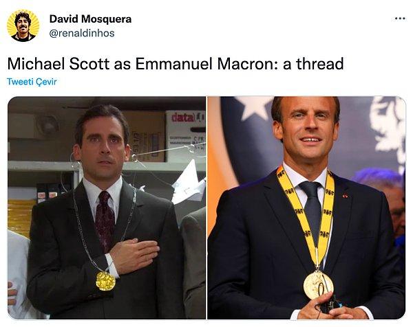 Steve Carell'ın canlandırdığı Micheal Scott'ın Fransa cumhurbaşkanı Emmanuel Macron ile benzerliği ise oldukça dikkat çekti.