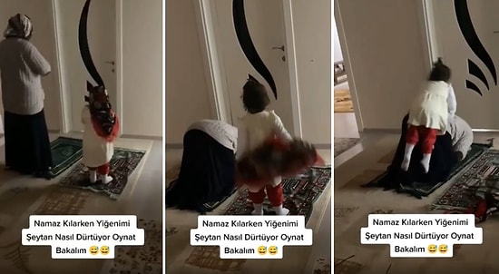 Annesiyle Namaz Kılarken Bir Anda Başörtüsünü Fırlatıp Secdeye Eğilen Annesinin Üstüne Atlayan Ufaklık