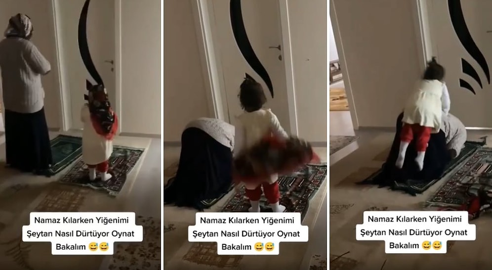 Annesiyle Namaz Kılarken Bir Anda Başörtüsünü Fırlatıp Secdeye Eğilen Annesinin Üstüne Atlayan Ufaklık