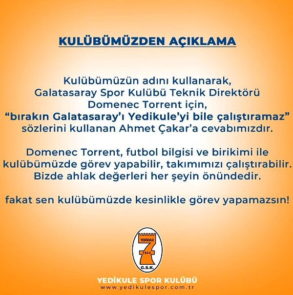 Yedikulespor'un yaptığı açıklama şöyleydi: