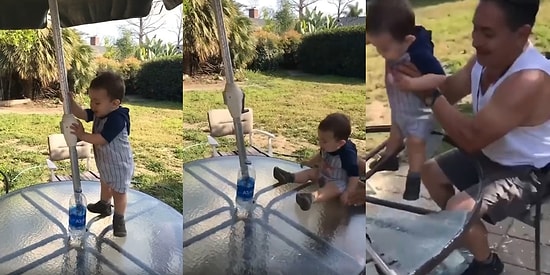 Torununun Üstüne Düştüğü Cam Masanın Kırılacağını Anlayan Dedenin Ani Bir Refleksle Torununu Kurtardığı Anlar