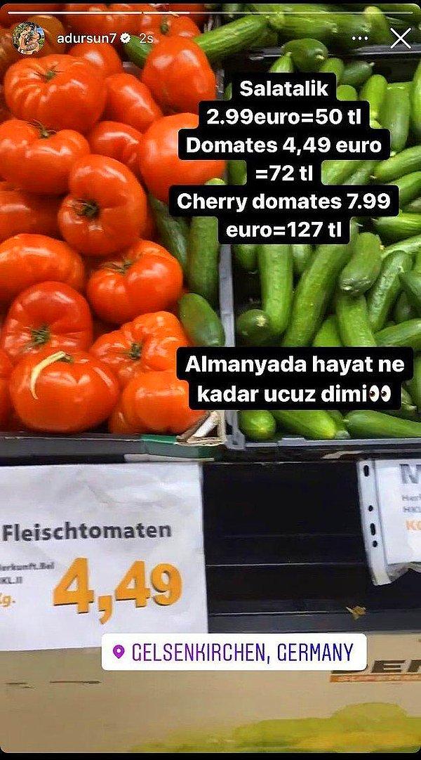 Dursun'un “Almanya’da hayat ne kadar ucuz değil mi?” notuyla Almanya’daki marketteki domates ve salatalık fiyatlarını TL cinsine çevirerek paylaşması olay oldu.