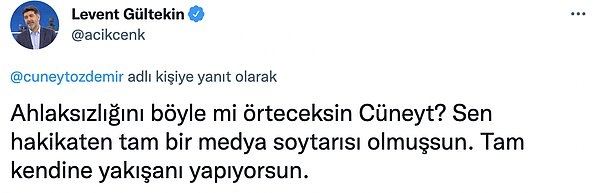 Bu paylaşımları gören Levent Gültekin de Özdemir'e sert bir yanıt verdi. Gültekin, "Ahlaksızlığını böyle mi örteceksin Cüneyt? Sen hakikaten tam bir medya soytarısı olmuşsun. Tam kendine yakışanı yapıyorsun." diye yazdı.