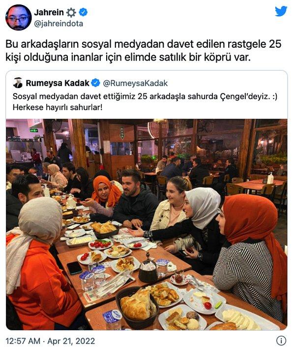 Bir sahur davetinde sosyal medyada takipçilerinden rastgele 25 kişi ile bir araya geldiğini söyleyen AKP İstanbul Milletvekili Rumeysa Kadak'ın bu paylaşımına Jahrein'den yanıt geldi.