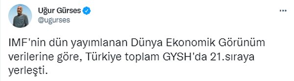 Ekonomist Gazeteci Uğur Gürses de milli gelir bazında IMF verilerinde Türkiye'nin bulunduğu yeri paylaşıyor