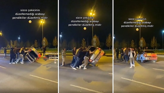 Kaza Yapıp Takla Atan Aracı Çekici Düzeltemeyince Kendi İmkanlarıyla Arabayı Düzelten Gençler