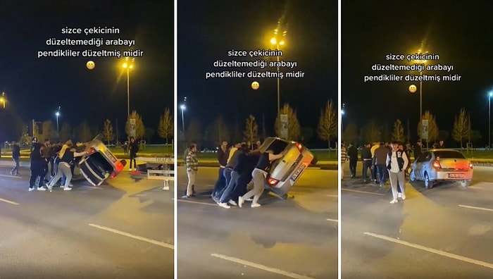 Kaza Yapıp Takla Atan Aracı Çekici Düzeltemeyince Kendi İmkanlarıyla Arabayı Düzelten Gençler