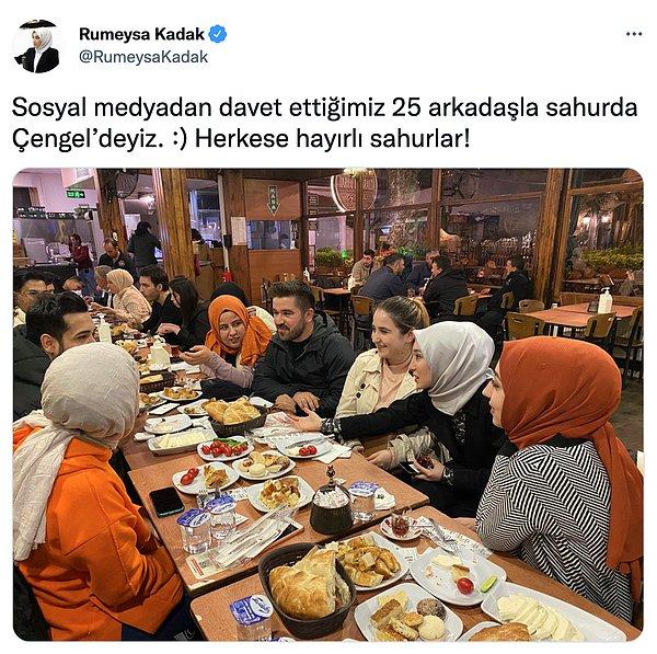 AKP İstanbul Milletvekili Rumeysa Kadak, bir sahur davetinde sosyal medyada takipçilerinden rastgele 25 kişi ile bir araya geldiğini paylaşmıştı.