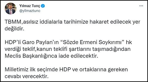 TBMM Adalet Komisyonu Başkanı AKP'li Yılmaz Tunç ise bu tepkiyi verdi. 👇