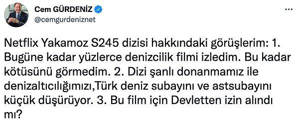 Ahmet Hakan'dan önce de emekli Tümamiral Cem Gürdeniz dizi hakkında sert bir eleştiri yayınlamıştı.