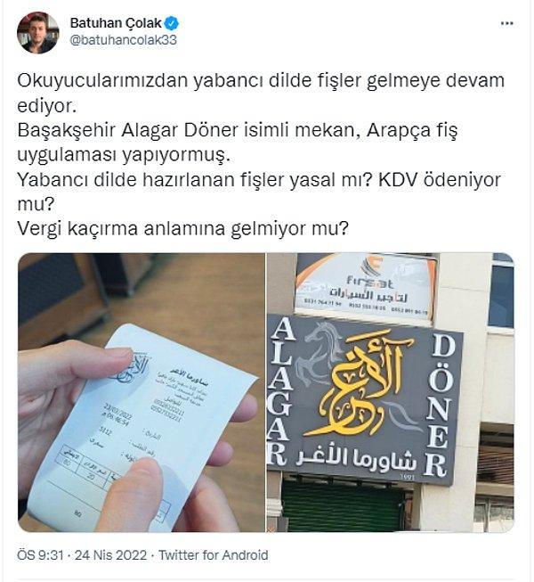 Gazeteci Batuhan Çolak, Başakşehir popülasyonu ile başladığı Arapça ve mülteci araştırmalarına devam ederken, Türkiye'deki bir işletmenin verdiği Arapça ödeme belgesi olduğu iddia edilen bir görsel paylaştı👇