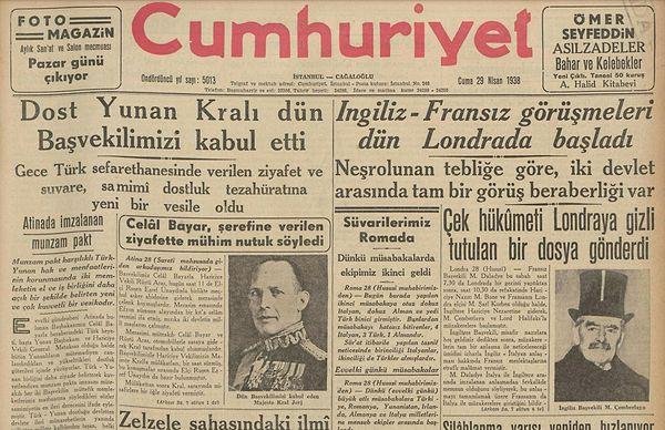 Bugünün eski gazetesi: 29 Nisan 1938