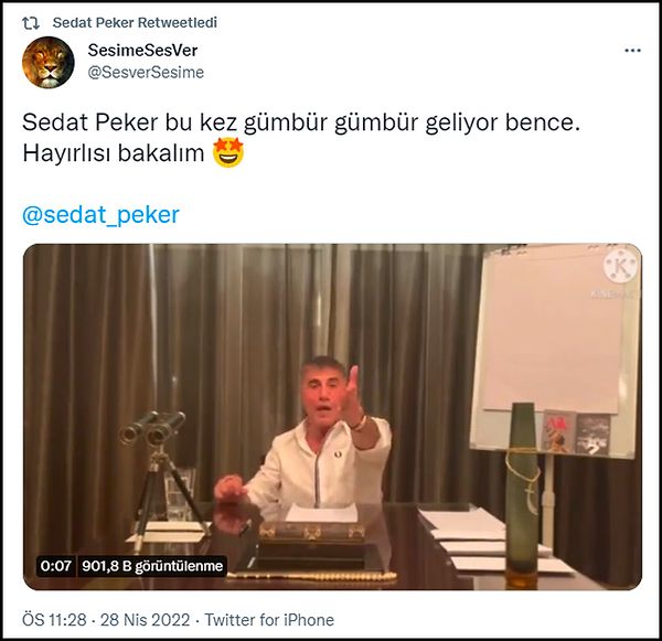 Bu paylaşımların hemen ardından Peker, bir Twitter kullanıcısının "Bu kez gümbür gümbür geliyor bence" yorumunu retweetledi. 👇