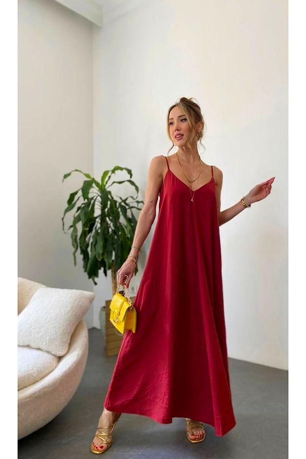5. İnce askılı tencel kumaş kırmızı bohem uzun elbise.