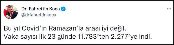 Salgının etkisinin azalması Sağlık Bakanı Fahrettin Koca'nın son haftalardaki Twitter paylaşımlarına ise böyle yansıdı. 👇