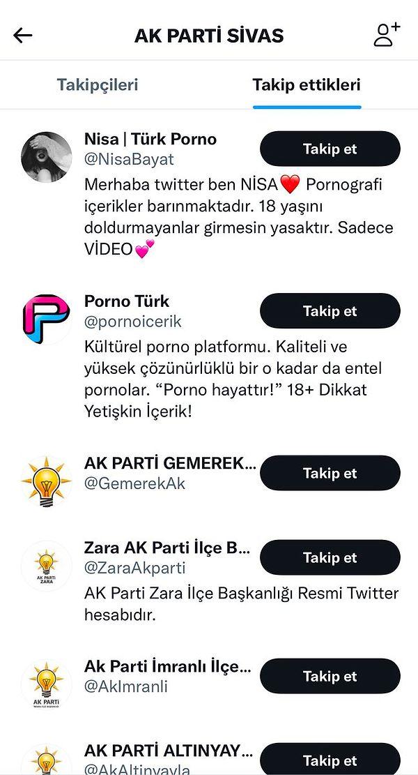 AKP Sivas İl Başkanlığı'nın Twitter hesabının cinsel içerikli videolar paylaşan iki hesabı takip ettiği ortaya çıktı.