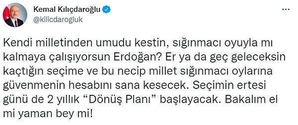 CHP Lideri sosyal medya hesabı üzerinden Erdoğan'a cevap verdi