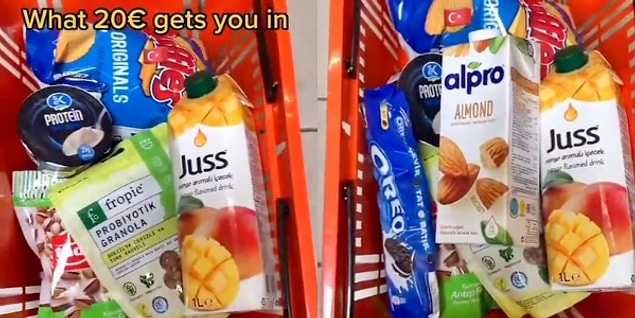 Tabii parası bol olduğu için daha sonra meyve suyu, süt, kuruyemiş, Oreo gibi bizim için pahalı ürünleri de sepetine atıvermiş.