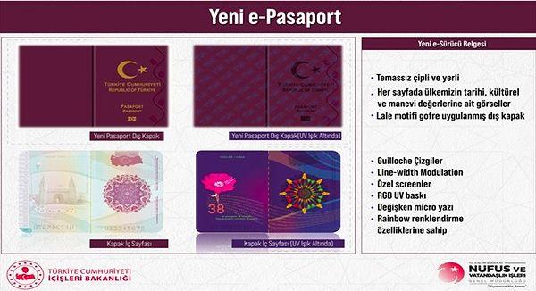 Avrupa’daki bir firmada üretilen e-Pasaportlar, Türkiye’de yeni tasarım detaylarıyla birlikte üretilecek. Yeni pasaportların tasarımı paylaşıldı. Eski pasaporta göre desen farkları mevcut.