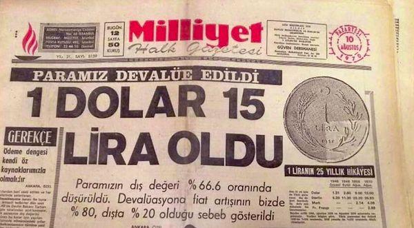 Dolar/TL, 10 Ağustos 1970 tarihli bir gazetede 15 lira olarak görülüyor👇O dönemlerde sabit kur rejimi uygulanırken, bunu bilinçli yapan bir merkez bankası tarafından para 'devalüe' ediliyor. Yani şimdinin moda söylemi 'rekabetçi kur' için TL'nin değeri düşürülüyor.