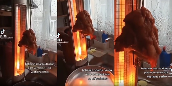 Ekonomi Desen Var: Dışarıda Pahalıya Almamak İçin Evde Elektrikli Soba ile Tavuk Döner Yapan Dayı Viral Oldu