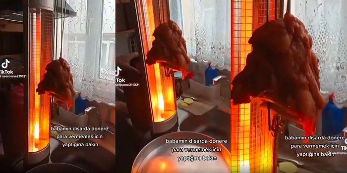 Ekonomi Desen Var: Dışarıda Pahalıya Almamak İçin Evde Elektrikli Soba ile Tavuk Döner Yapan Dayı Viral Oldu