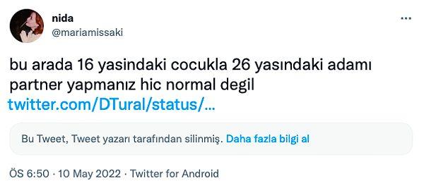 Nida adlı Twitter kullanıcı 17 yaşındaki Coşkun ile 26 yaşındaki Yaran'ın arasındaki yaş farkını eleştirdi 👇