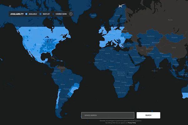Starlink, Twitter'da hizmetin Avrupa ve Kuzey Amerika'nın çoğu ile Güney Amerika, Avustralya ve Yeni Zelanda'nın bazı bölgelerinde "mevcut" olduğunu gösteren kullanılabilirlik haritasını gösteren bir ekran görüntüsü paylaştı.