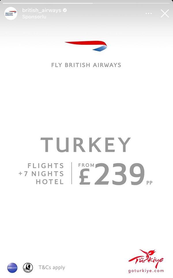 Şirketin hazırladığı reklama göre vatandaşlar uçak biletleri ve 7 gece konaklama dahil Türkiye'de 239 Sterlin'e tatil yapabiliyor.